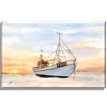 Leinwand 40 x 30 cm Keilrahmen Canvas-Leinen Fischerboot im Sonnenuntergang  Aquarell Maritim Kunst Druck Kunstdruck Dänemark Nordsee Düne Meer Möwe Strand
